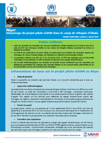Niger - Démarrage du projet pilote mVAM dans le camp de réfugiés d'Abala: Numéro 1, Janvier 2015