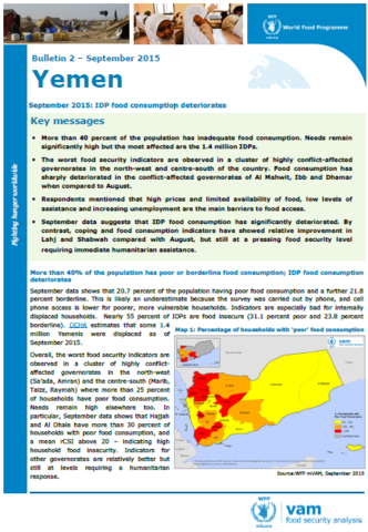 Yemen - mVAM Bulletin #2: IDP food consumption deteriorates, September 2015