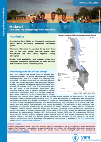 Malawi - Bulletin #4: The harvest brings lower food prices, April 2016