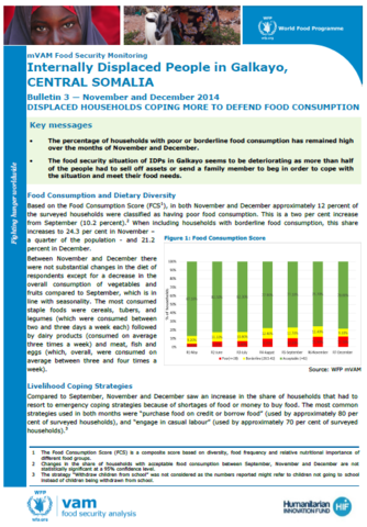 Somalia - mVAM Bulletin 3: Displaced Households Coping more to Defend Food Consumption, December 2014